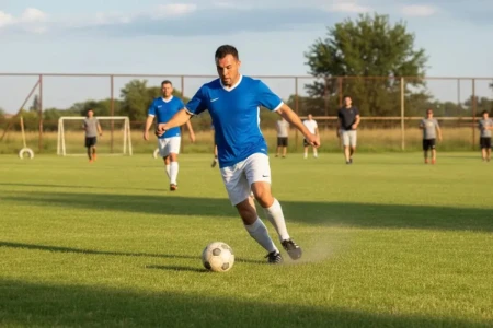 Homem vestindo uniforme azul conduzindo a bola de futebol em um campo gramado durante o dia, com outros jogadores ao fundo.