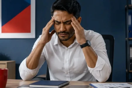 Homem de pele morena e camisa branca, sentado em um escritório, massageando as têmporas de olhos fechados com expressão de dor. Há uma caneca vermelha e um caderno azul na mesa.