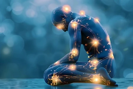 Representação artística de um corpo humano em introspecção, iluminado por pontos de energia que simbolizam áreas de dor ao longo da rede neural, refletindo a conexão entre mente, corpo e sofrimento físico.