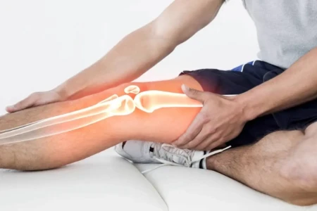 A imagem mostra uma pessoa sentada segurando a perna com sinais de dor. Há uma ilustração sobreposta destacando os ossos do joelho, sugerindo uma possível lesão ou problema articular.