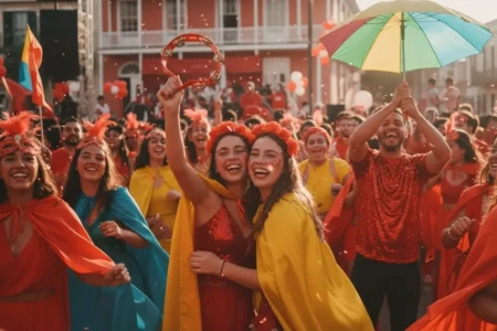 Grupo de amigos pulando e sorrindo em um bloco de carnaval de rua, com roupas e adereços em tons vibrantes de vermelho, transmitindo alegria e energia.