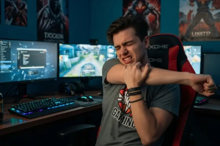 Jovem sentado em uma cadeira gamer fazendo um alongamento, puxando o braço sobre o peito com uma expressão de desconforto.
