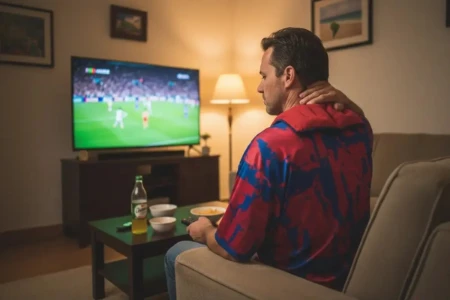 Homem sentado sozinho no sofá de casa, assistindo a um jogo de futebol na TV, com uma das mãos no pescoço, indicando dor e tensão muscular na região.