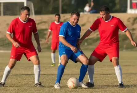 Três homens adultos jogando futebol amador em um campo de grama. Eles usam uniformes vermelhos e azul e estão disputando a bola ativamente.