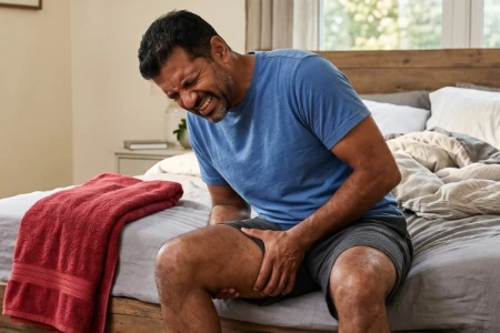 Homem de pele morena e camiseta azul, sentado na beira da cama, segurando a coxa com forte expressão de dor e rigidez muscular. Uma toalha vermelha está ao seu lado.