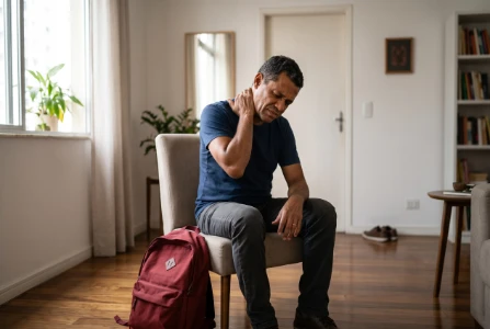 Homem maduro de pele morena e camiseta azul, sentado em uma cadeira, segurando o pescoço e o ombro com forte expressão de dor e cansaço físico. Uma mochila vermelha está no chão.