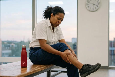 Mulher de pele morena vestindo calça azul-escura e camisa branca, sentada em um banco com expressão de extremo cansaço, massageando a própria panturrilha. Uma garrafa vermelha está ao seu lado.