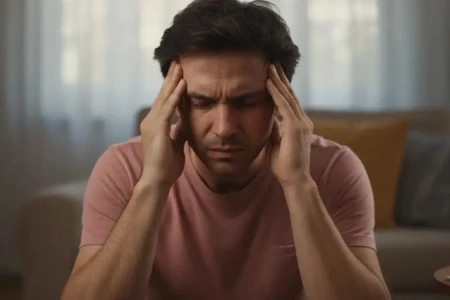 : Homem sentado no sofá com os olhos fechados e as mãos nas têmporas, demonstrando sentir uma forte dor de cabeça tensional.