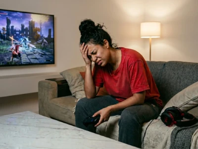 Mulher sentada no sofá com a mão na testa e controle de videogame, expressando dor de cabeça.