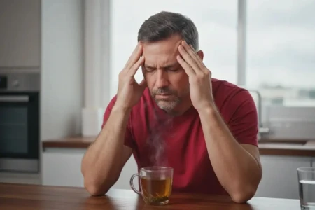 Homem de meia-idade sentado à mesa com uma xícara de chá quente, pressionando as têmporas com as mãos, com expressão de dor de cabeça.