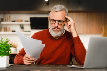 Homem sentado em uma mesa, com laptop à sua frente, uma mão apoiando a têmpora e a outra segurando contas.