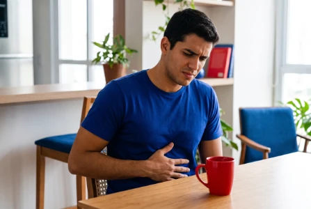 Homem de pele morena sentado em uma mesa, segurando a própria barriga com expressão autêntica de dor e desconforto gástrico. Uma caneca vermelha está sobre a bancada.