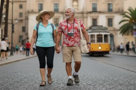 Casal de idosos sorrindo caminha de mãos dadas durante uma viagem, ilustrando como o fortalecimento muscular contribui para a autonomia e qualidade de vida no envelhecimento.