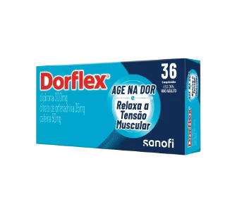 Embalagem horizontal do Dorflex Comprimidos, com tons de azul e vermelho e logo vermelho, indicando a composição de 1g de dipirona. A caixa demonstra a imagem frontal de uma pessoa, com pontos de destaque na cabeça. O produto de demonstração possui 36 comprimidos.