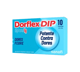 Embalagem horizontal do Dorflex DIP, com tons de azul claro, indicando a composição de 1g de dipirona. O produto de demonstração possui 10 comprimidos.
