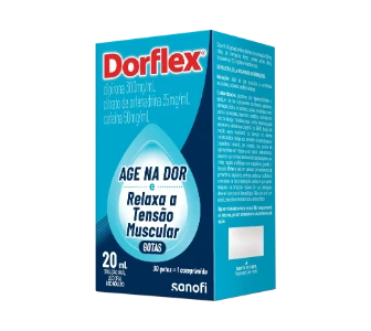 Embalagem vertical do Dorflex Gotas, com tons de azul claro e escuro e logo vermelho, indicando a composição de 300g de dipirona, 35mg de citrato de orfenadrina e 50mg de cafeína. O produto de demonstração possui 20ml.