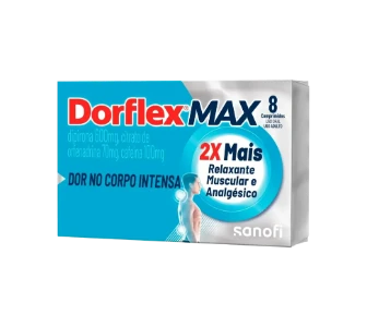 Embalagem horizontal do Dorflex MAX, com tons de azul e prata e logo vermelho, indicando a composição de 600mg de dipirona, 70mg de citrato de orfenadrina e 100mg de cafeína. A caixa demonstra a imagem de um corpo masculino em perfil com pontos de destaque na nuca e nas costas. O produto de demonstração possui 8 comprimidos.