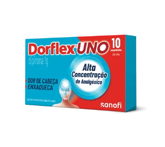 Embalagem horizontal do Dorflex UNO, com tons de azul e vermelho e logo vermelho, indicando a composição de 1g de dipirona. A caixa demonstra a imagem frontal de uma pessoa, com pontos de destaque na cabeça. O produto de demonstração possui 10 comprimidos.