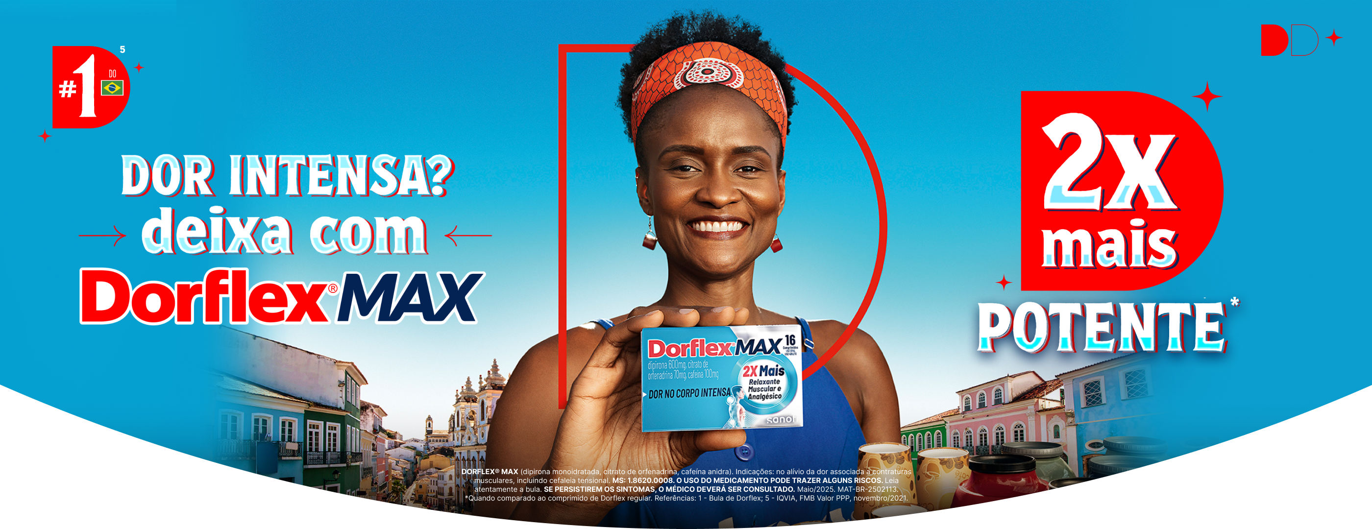 Cris do café, uma mulher bahiana que possui uma história extraordinária segurando o produto Dorflex Max com copos de café ao lado e o cenário da Bahia atrás