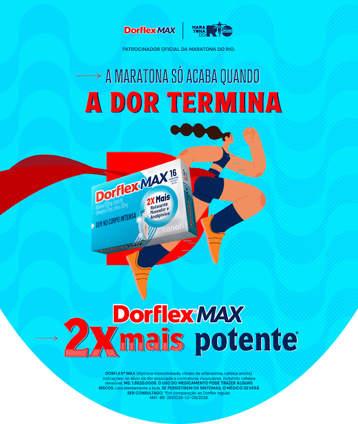 Caixa de Dorflex® MAX com ilustração de uma atleta correndo e a frase "A maratona só acaba quando a dor termina", indicando o patrocínio oficial da Maratona do Rio.