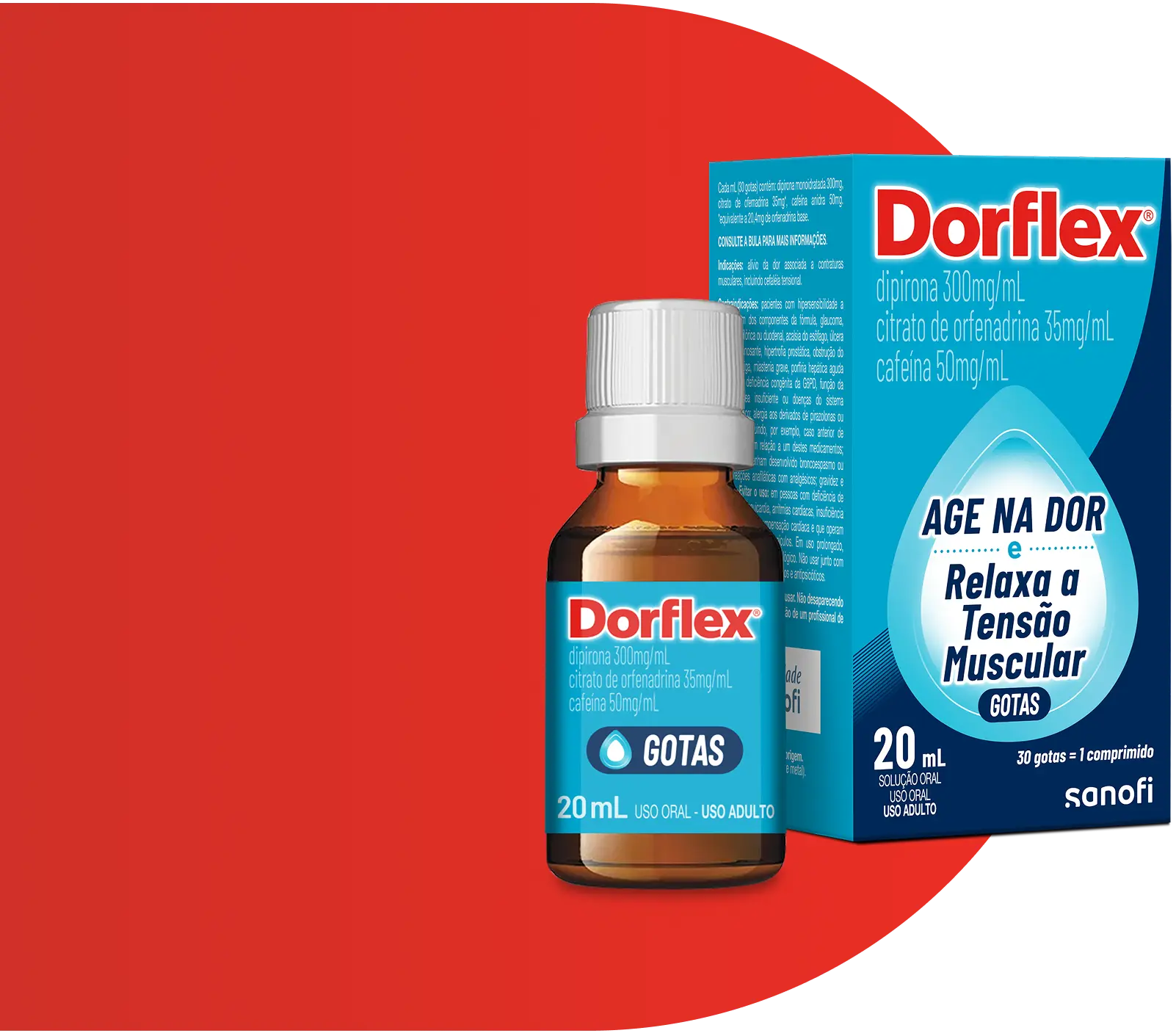 Embalagem de Dorflex® Gotas posicionada à frente de um grande elemento gráfico em formato de 'D' vermelho.