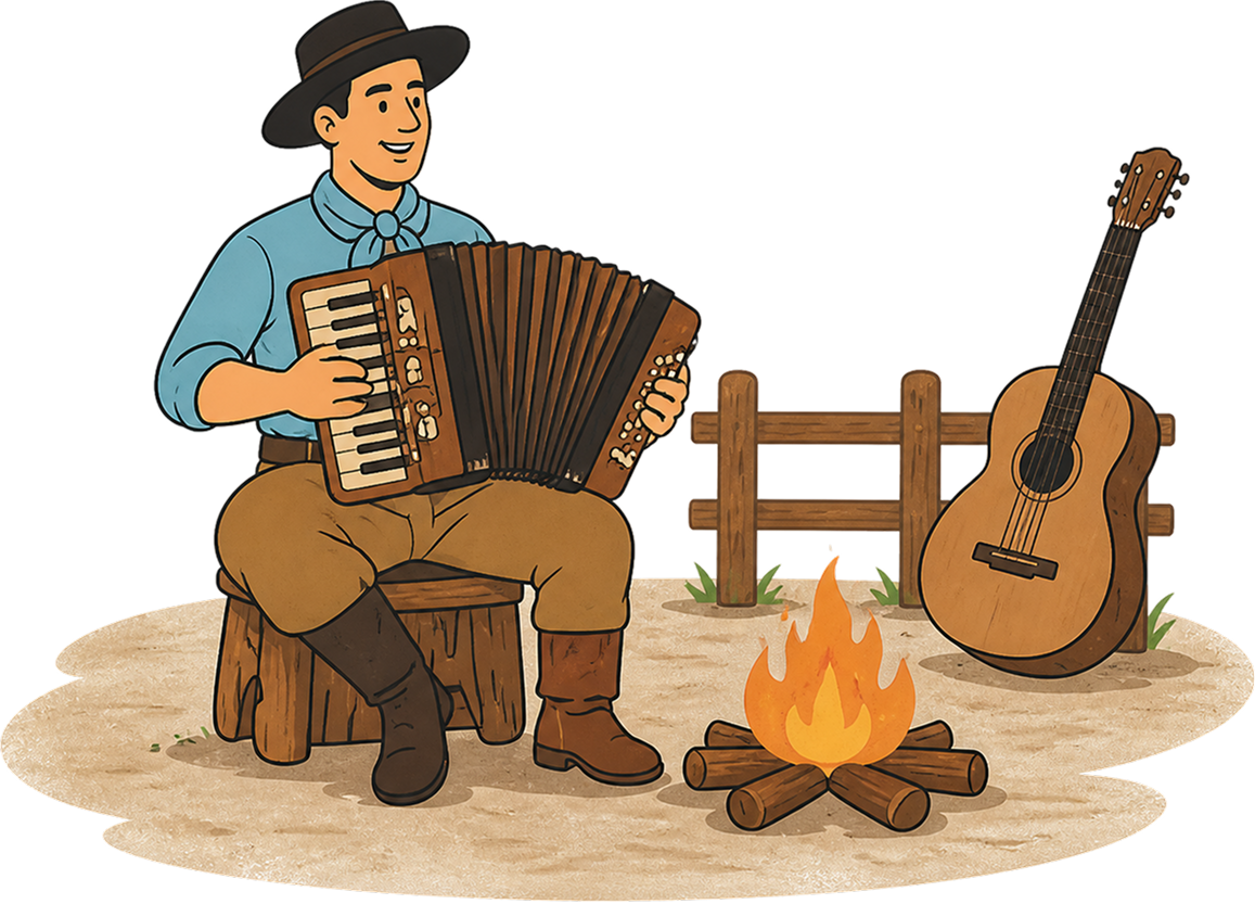 Gaúcho celebra a tradição no piquete tocando gaita ao lado da fogueira e do violão.