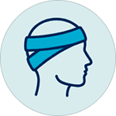 Ícone de perfil lateral de uma cabeça humana com faixas azuis de curativos médicos representando o efeito de alivio de dor de cabeça de Dorflex®.