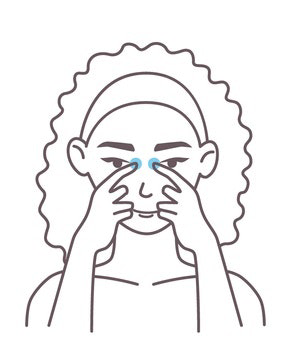 Desenho de uma pessoa massageando os cantos internos dos olhos, próximo à ponte do nariz, técnica usada para aliviar tensão ocular e sinusite.