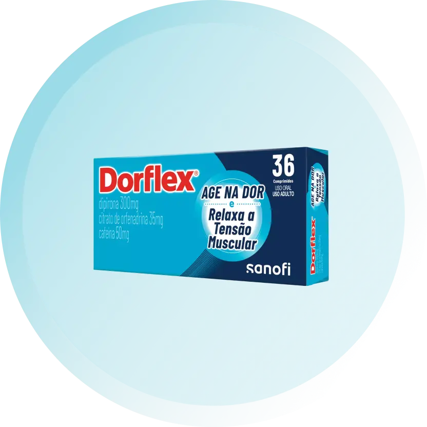 Embalagem horizontal do Dorflex Comprimidos, com tons de azul e vermelho e logo vermelho, indicando a composição de 1g de dipirona. A caixa demonstra a imagem frontal de uma pessoa, com pontos de destaque na cabeça. O produto de demonstração possui 36 comprimidos.