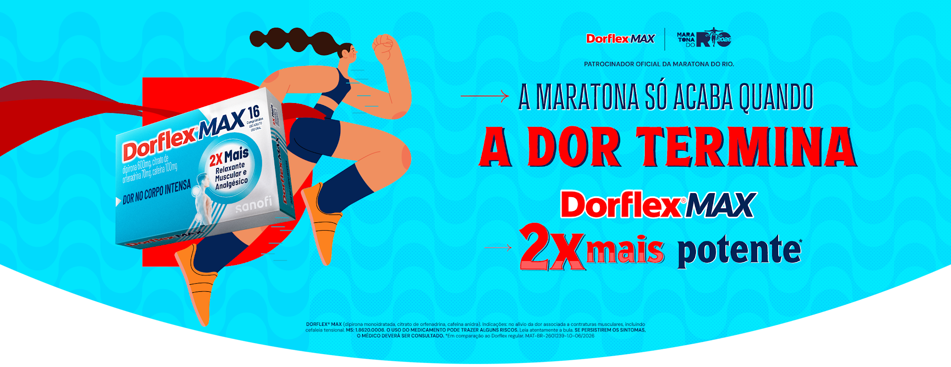 Caixa de Dorflex® MAX com ilustração de uma atleta correndo e a frase "A maratona só acaba quando a dor termina", indicando o patrocínio oficial da Maratona do Rio.