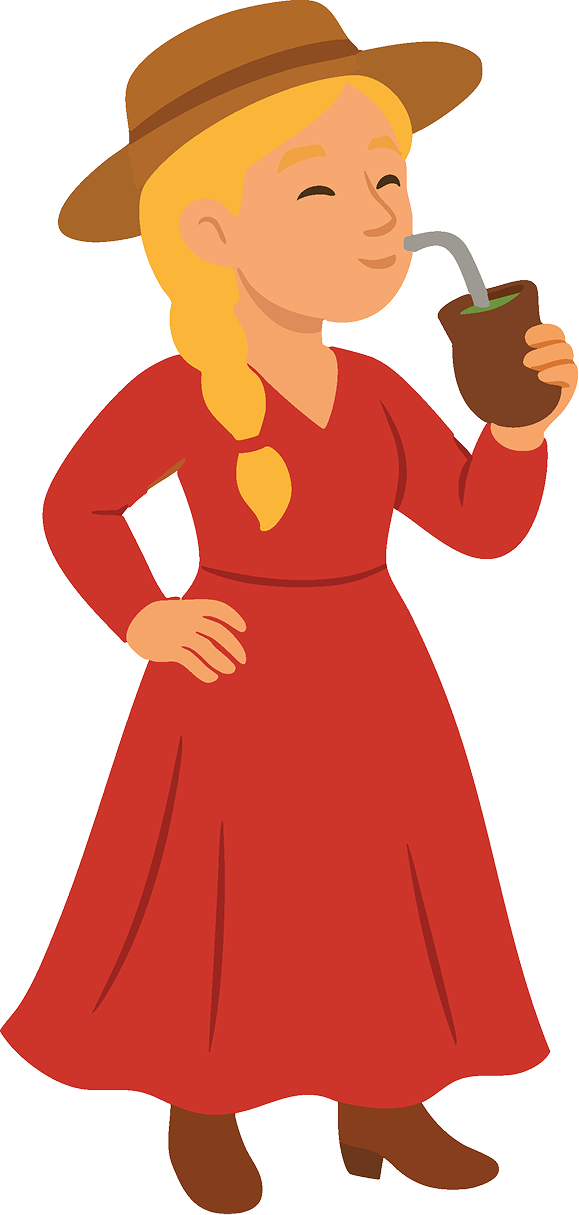 Ilustração de uma prenda loira vestindo vestido vermelho e chapéu, tomando chimarrão e com a mão na cintura.