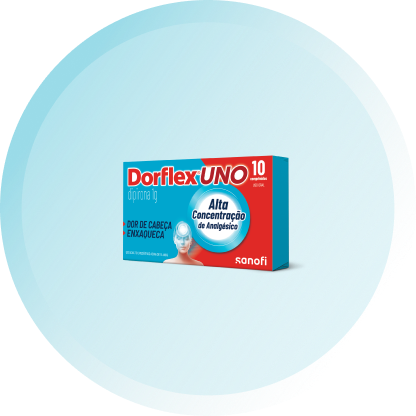 Embalagem horizontal do Dorflex UNO, com tons de azul e vermelho e logo vermelho, indicando a composição de 1g de dipirona. A caixa demonstra a imagem frontal de uma pessoa, com pontos de destaque na cabeça. O produto de demonstração possui 10 comprimidos.