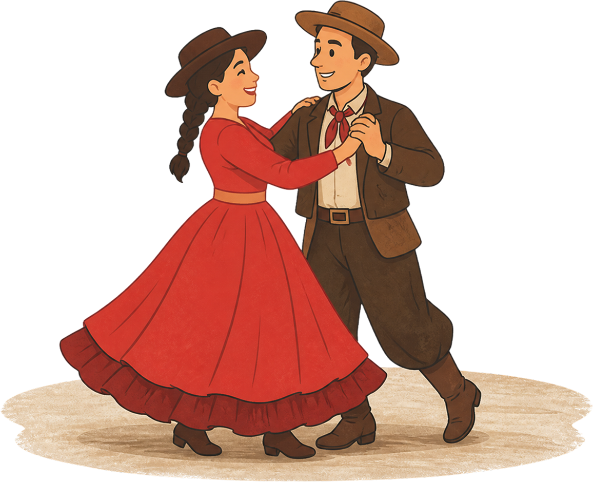 Casal com trajes típicos dançando o tradicional fandango no salão do CTG (Centro de Tradições Gaúchas). 