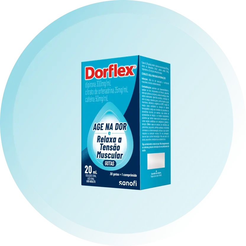 Embalagem vertical do Dorflex Gotas, com tons de azul claro e escuro e logo vermelho, indicando a composição de 300g de dipirona, 35mg de citrato de orfenadrina e 50mg de cafeína. O produto de demonstração possui 20ml.