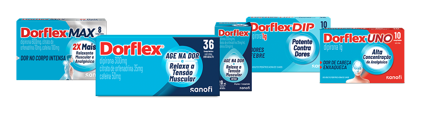 Os cinco produtos da linha Dorflex (MAX, Comprimidos, Gotas, DIP e UNO) apresentados em conjunto.