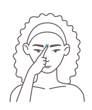 Ilustração de rosto feminino pressionando o dedo indicador no ponto situado exatamente entre as sobrancelhas para relaxamento.
