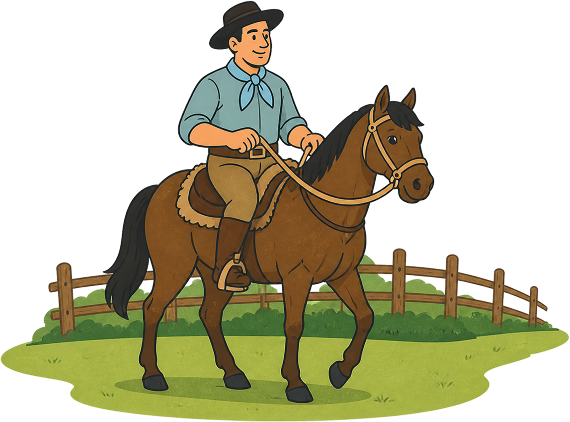 Ilustração de um gaúcho com trajes típicos montado a cavalo em um campo com cerca ao fundo.