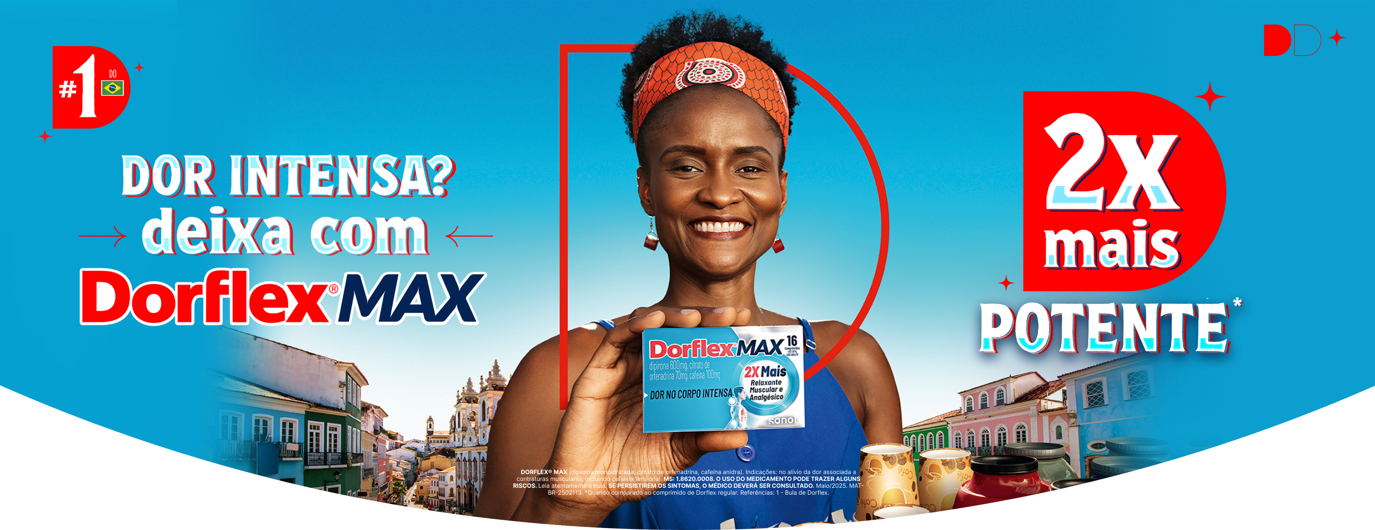 Cris do café, uma mulher bahiana que possui uma história extraordinária segurando o produto Dorflex Max com copos de café ao lado e o cenário da Bahia atrás