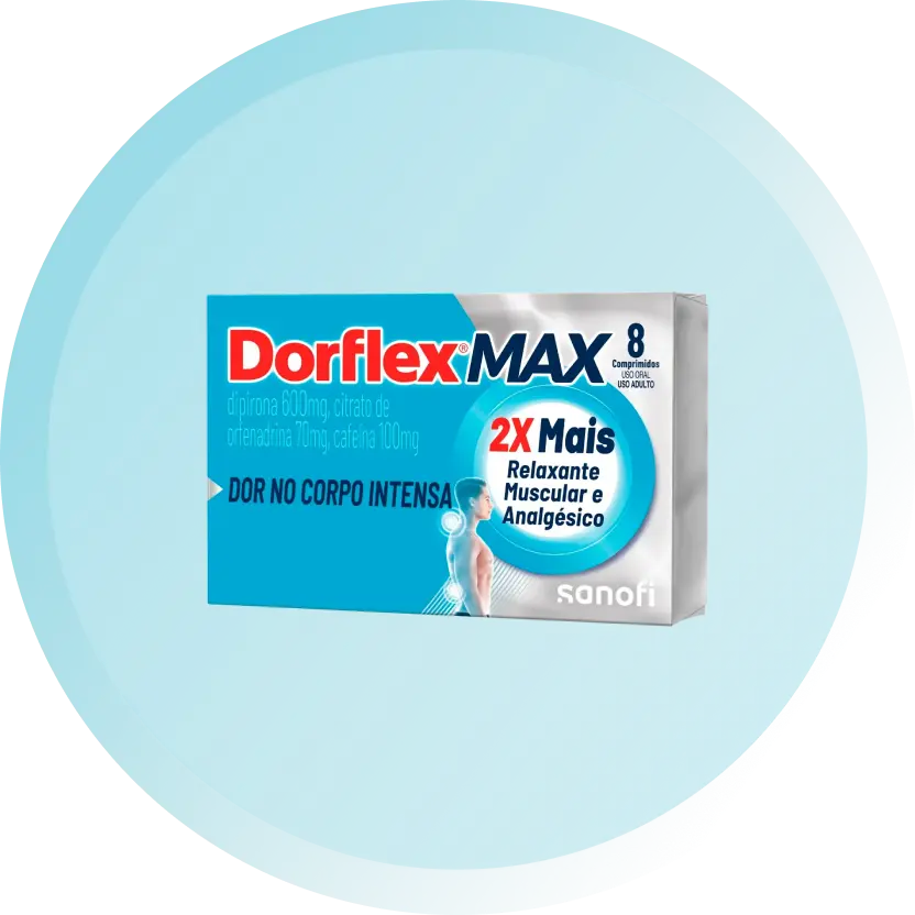 Embalagem horizontal do Dorflex MAX, com tons de azul e prata e logo vermelho, indicando a composição de 600mg de dipirona, 70mg de citrato de orfenadrina e 100mg de cafeína. A caixa demonstra a imagem de um corpo masculino em perfil com pontos de destaque na nuca e nas costas. O produto de demonstração possui 8 comprimidos.