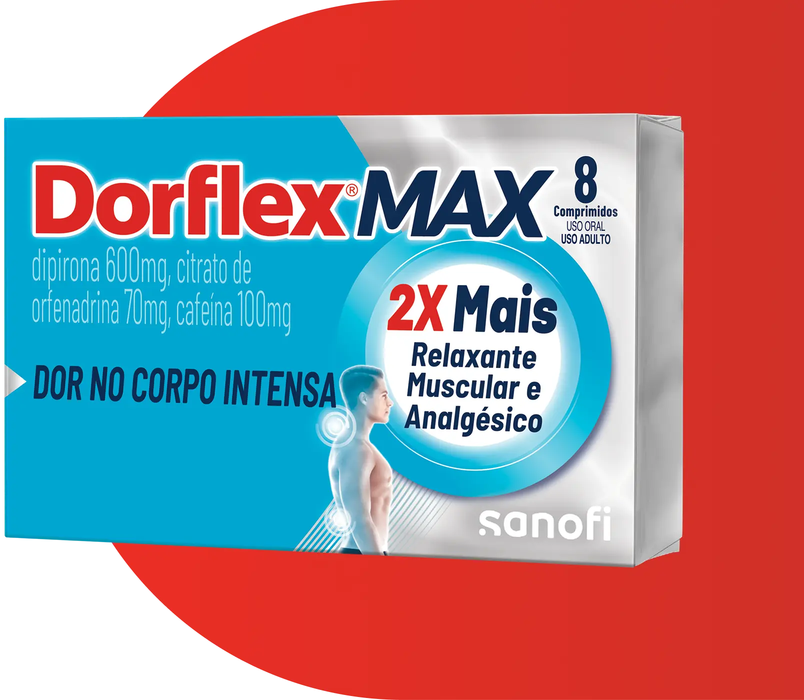 Embalagem de Dorflex® MAX posicionada à frente de um grande elemento gráfico em formato de um 'D' invertido vermelho.