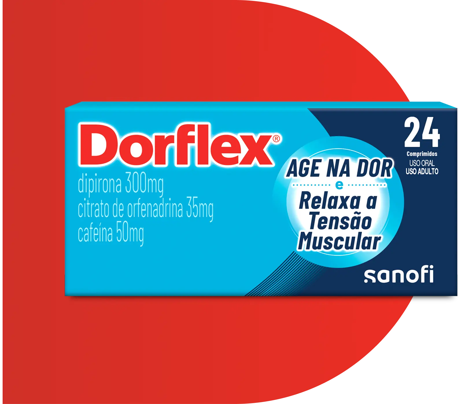 Embalagem de Dorflex® Comprimidos posicionada à frente de um grande elemento gráfico em formato de 'D' vermelho.