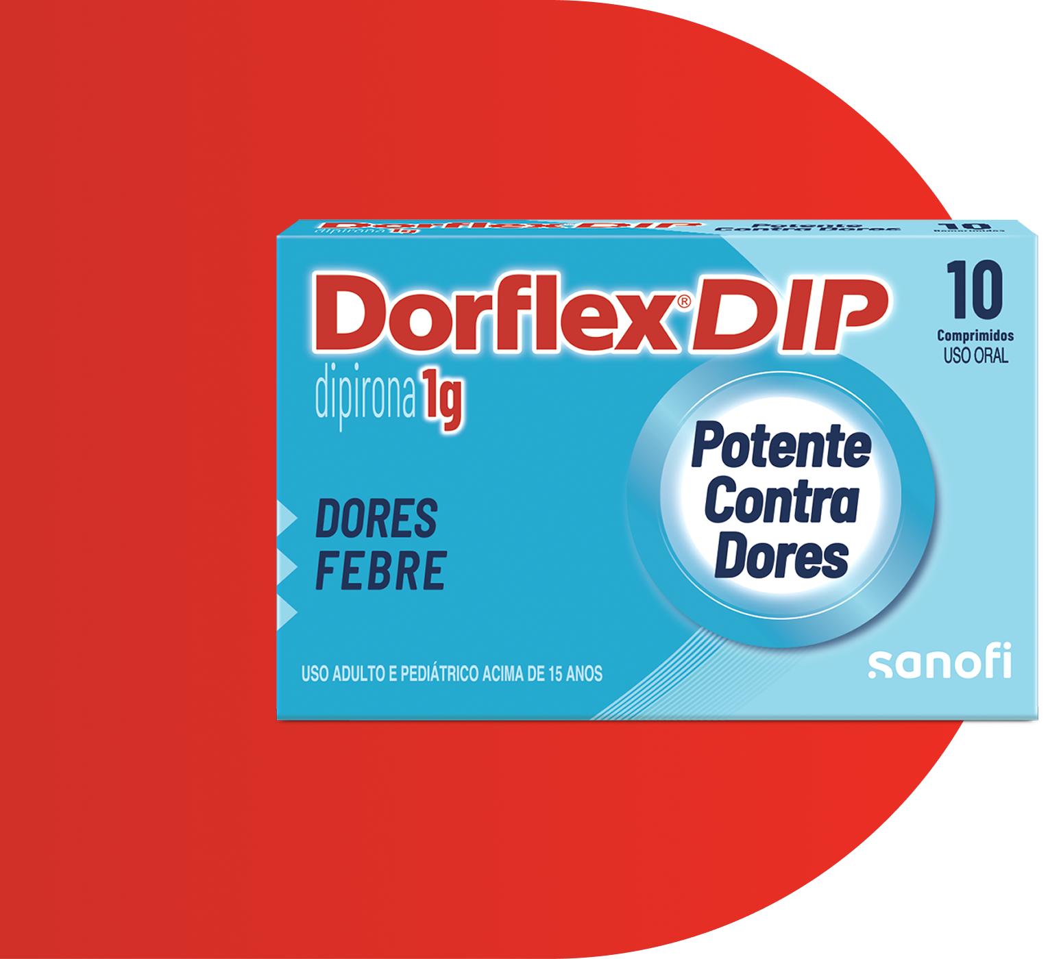 Embalagem de Dorflex® DIP posicionada à frente de um grande elemento gráfico em formato de 'D' vermelho.