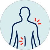 Ícone de silhueta humana com linhas vermelhas indicando dor na região do ombro direito e na lombar representando o efeito de alivio de dores e tensões musculares de Dorflex®.