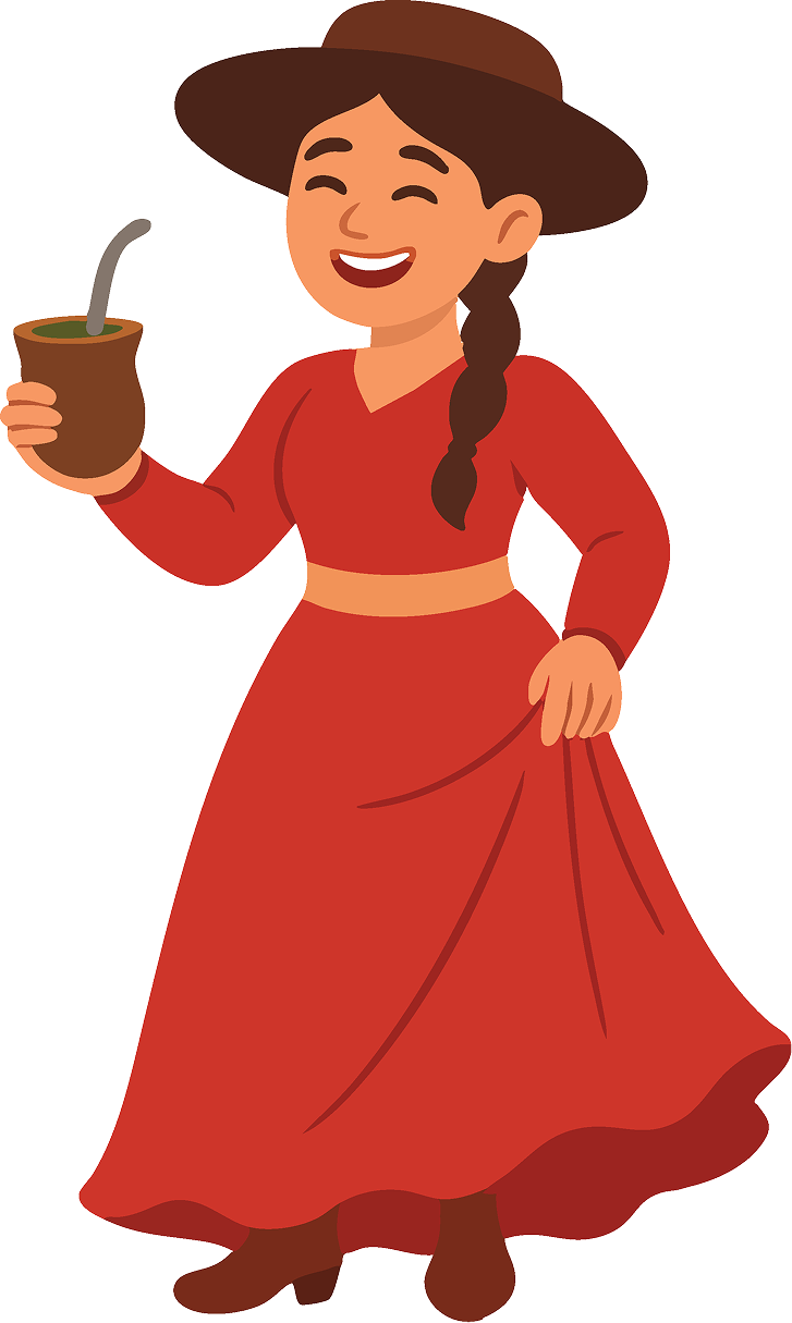 Ilustração de uma prenda sorridente com vestido vermelho e chapéu, segurando um chimarrão
