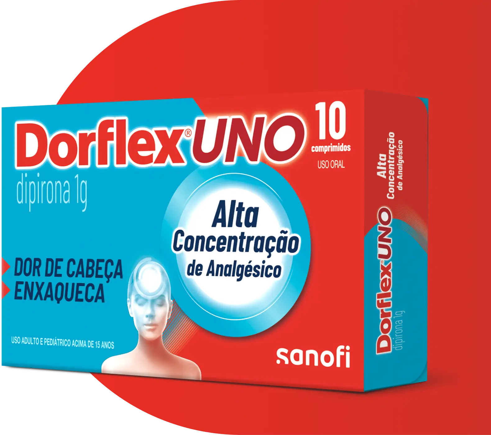 Embalagem de Dorflex® UNO posicionada à frente de um grande elemento gráfico em formato de um 'D' invertido vermelho.
