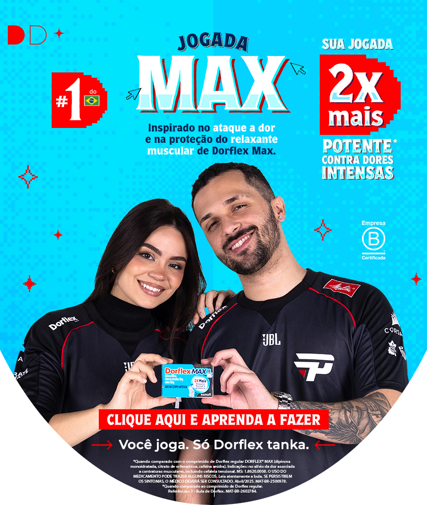 Aprenda a fazer a Jogada Max com Babs e Dynquedo segurando uma caixa de Dorflex Max, 2x mais potente contra dores intensas. Inspirado no ataque a dor e na proteção do relaxante muscular de Dorflex Max. Você joga. Só Dorflex tanka.
