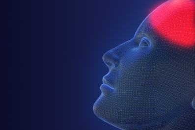 Imagem digital de uma cabeça humana transparente, com relevos geométricos e destaque vermelho na região da testa.