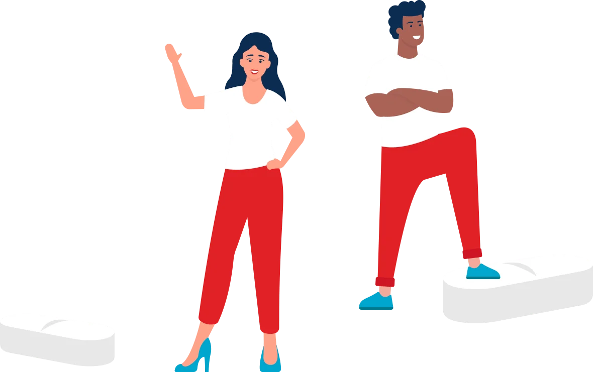 Ilustração quiz Dorflex com dois humanos, um homem e uma mulher, de pé